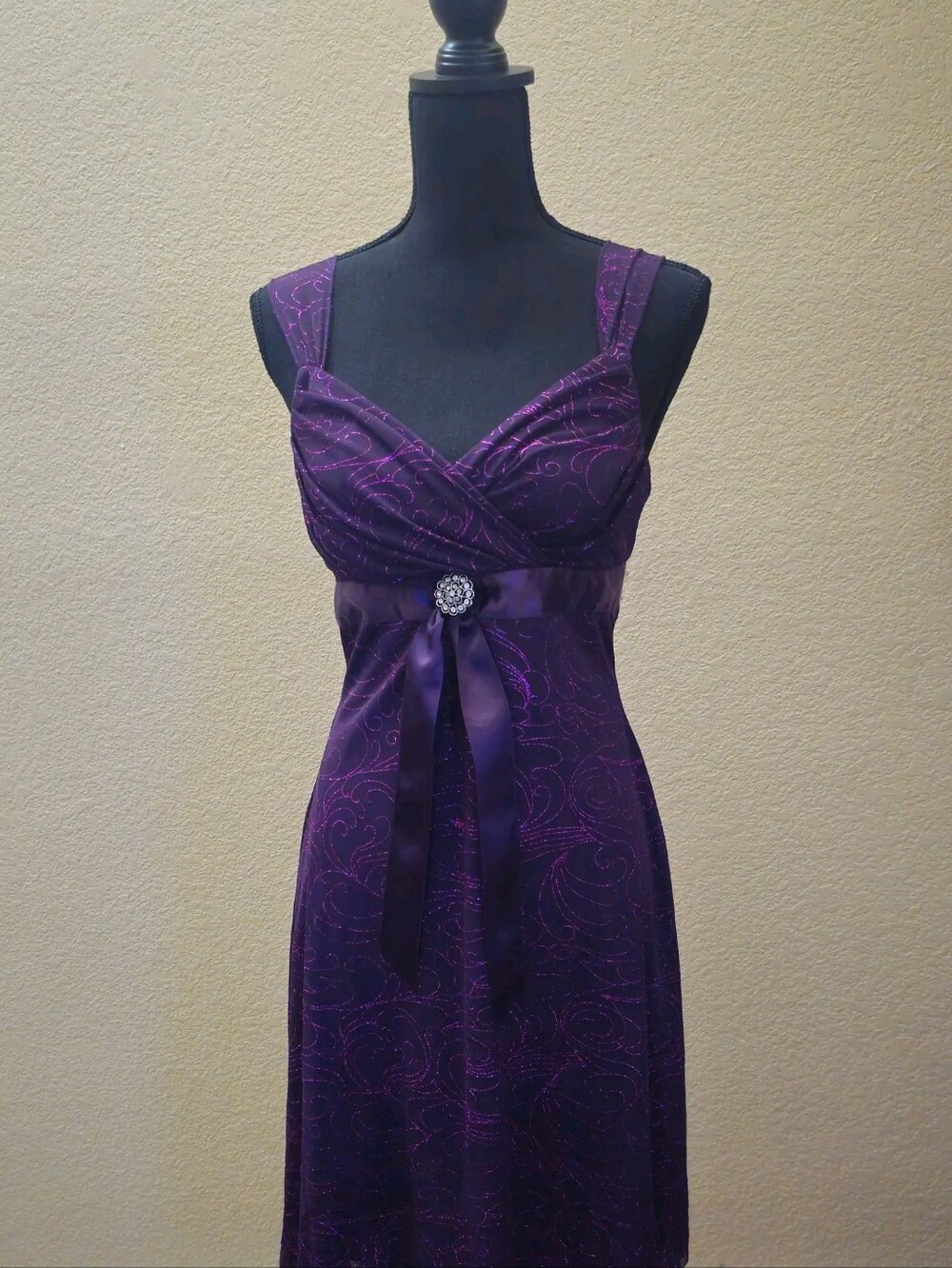 My Michelle Purple Dress with Pink Metallic Swirl Detail
